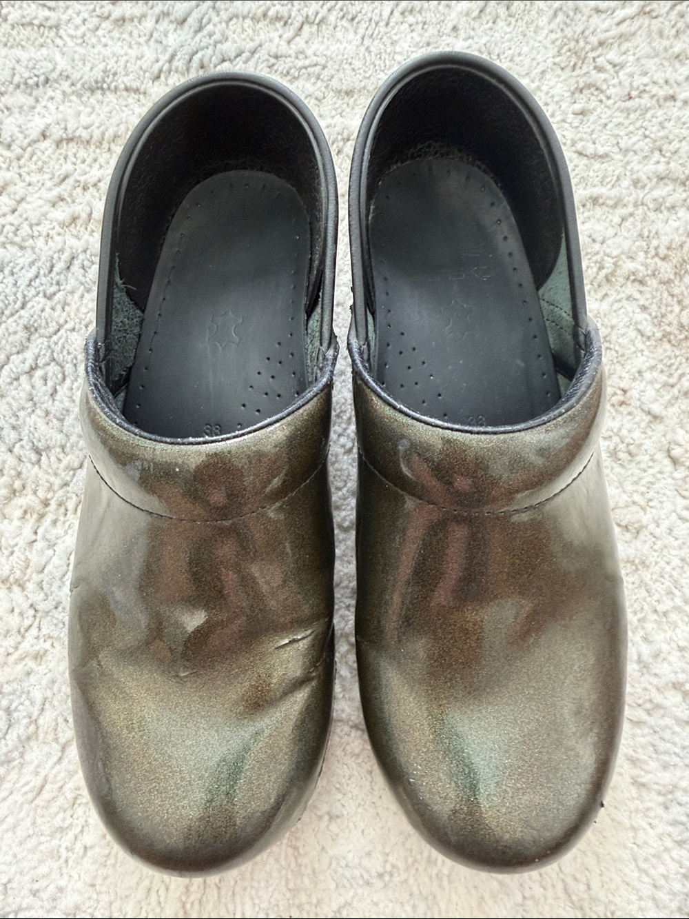 Dansko Metallic Olive Green Leather Clogs